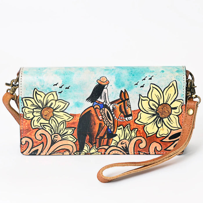 Cowgirl & Sunflower Hand Painted Leather Crossbody Purse