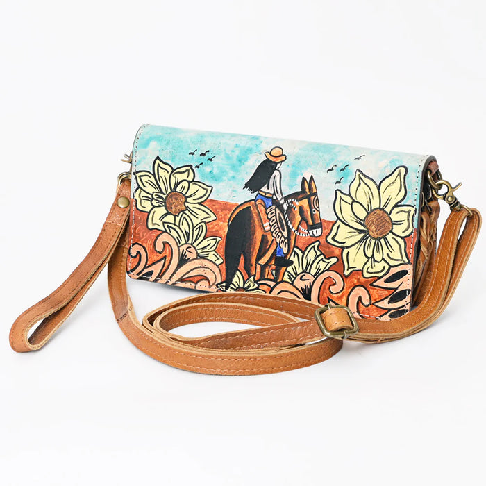 Cowgirl & Sunflower Hand Painted Leather Crossbody Purse