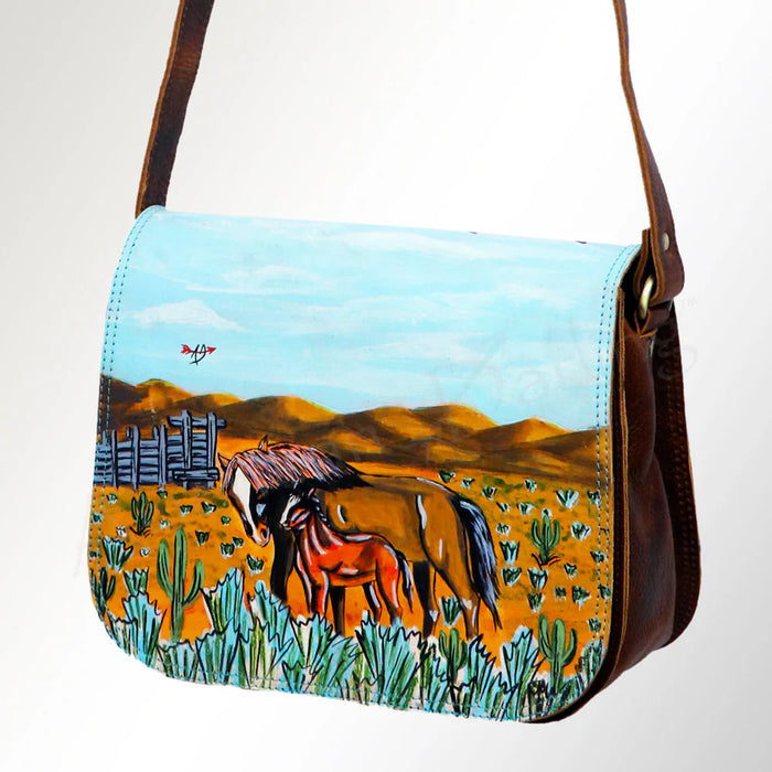 Mare & Foal Hand Painted Leather Messenger Bag