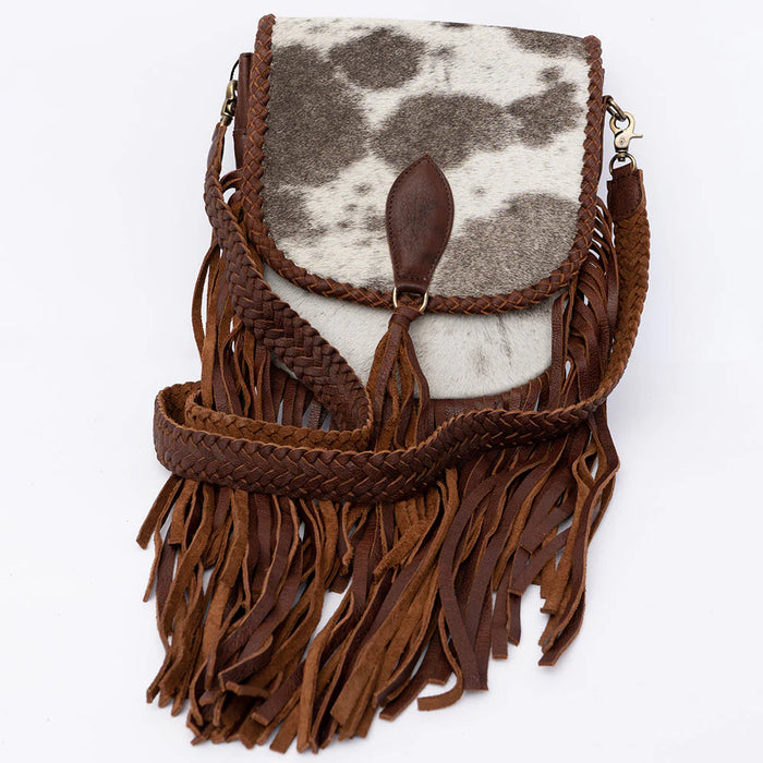Cowhide Crossbody Bag with Fringe & Braided Leather Strap
