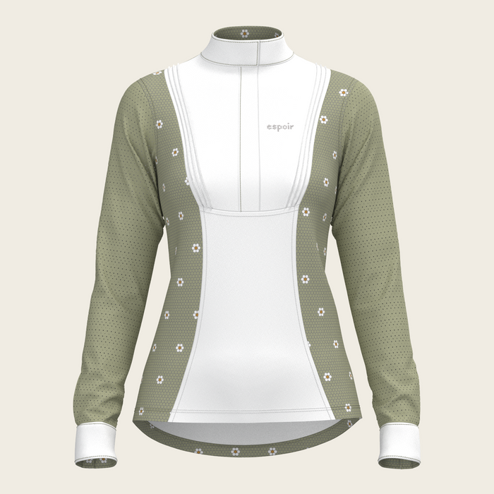 Espoir Mosaic Daises in Olive Short Pleated Long Sleeve Show Shirt