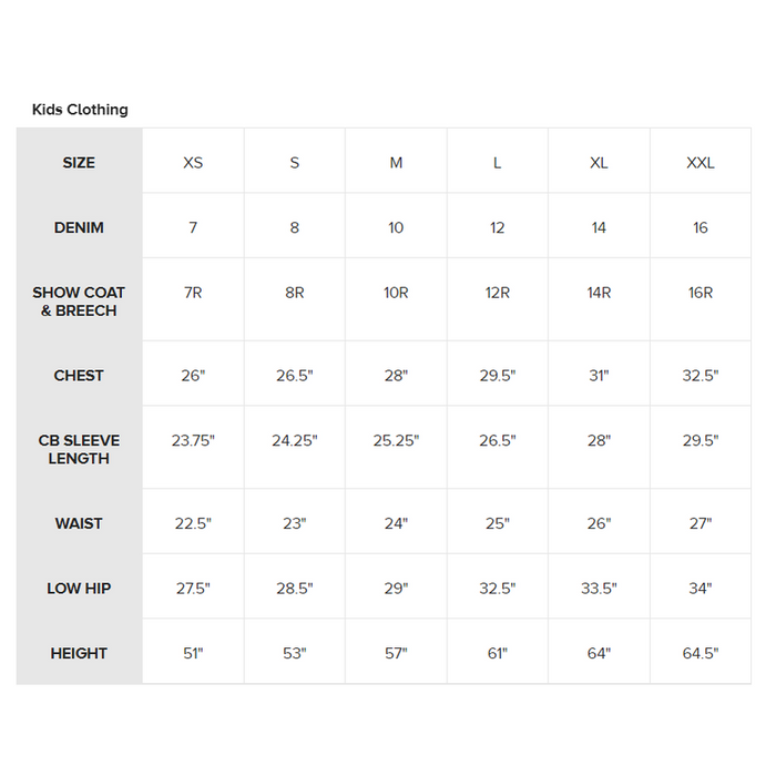 Ariat Kids Clothing Size Chart
