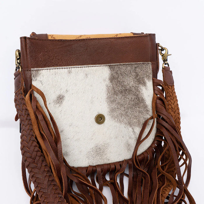Cowhide Crossbody Bag with Fringe & Braided Leather Strap