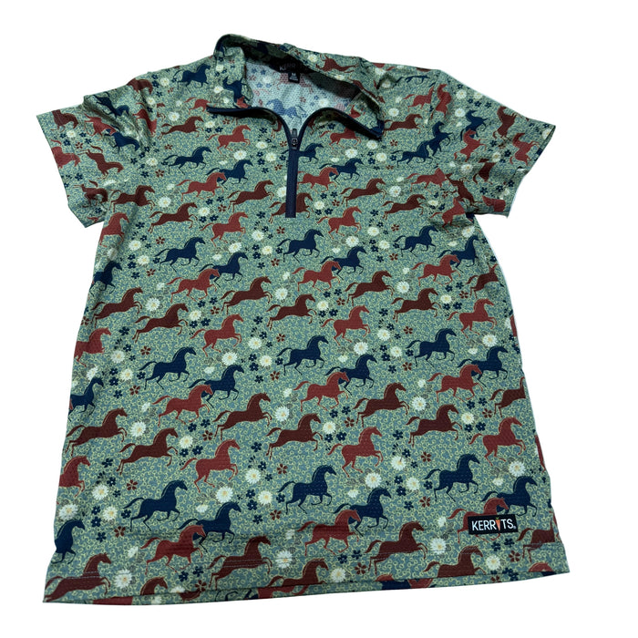 CNT 3190H Kerrits Short Sleeve Shirt Horse Pattern Green/Navy/Orange Medium
