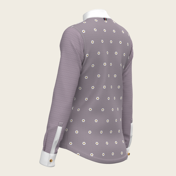 Espoir Mosaic Daises in Lavender Short Pleated Long Sleeve Show Shirt