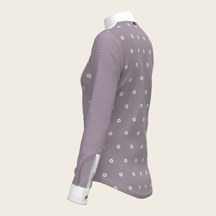 Espoir Mosaic Daises in Lavender Short Pleated Long Sleeve Show Shirt