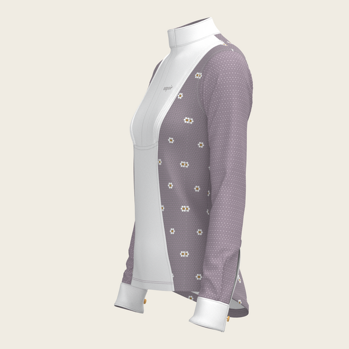 Espoir Mosaic Daises in Lavender Short Pleated Long Sleeve Show Shirt