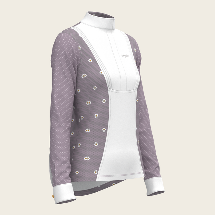 Espoir Mosaic Daises in Lavender Short Pleated Long Sleeve Show Shirt