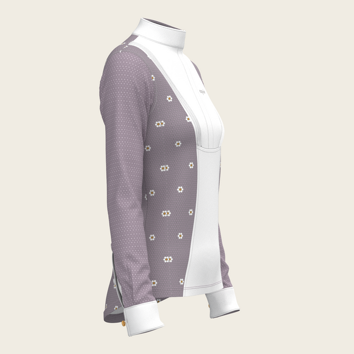 Espoir Mosaic Daises in Lavender Short Pleated Long Sleeve Show Shirt