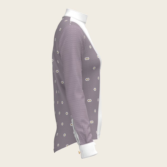 Espoir Mosaic Daises in Lavender Short Pleated Long Sleeve Show Shirt