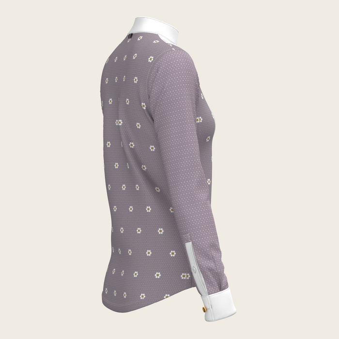 Espoir Mosaic Daises in Lavender Short Pleated Long Sleeve Show Shirt