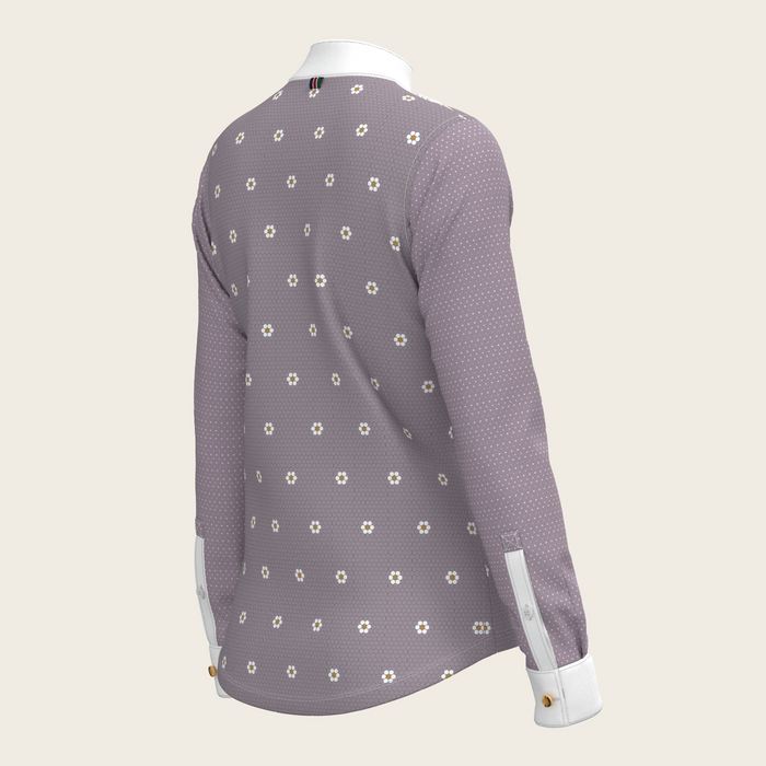 Espoir Mosaic Daises in Lavender Short Pleated Long Sleeve Show Shirt