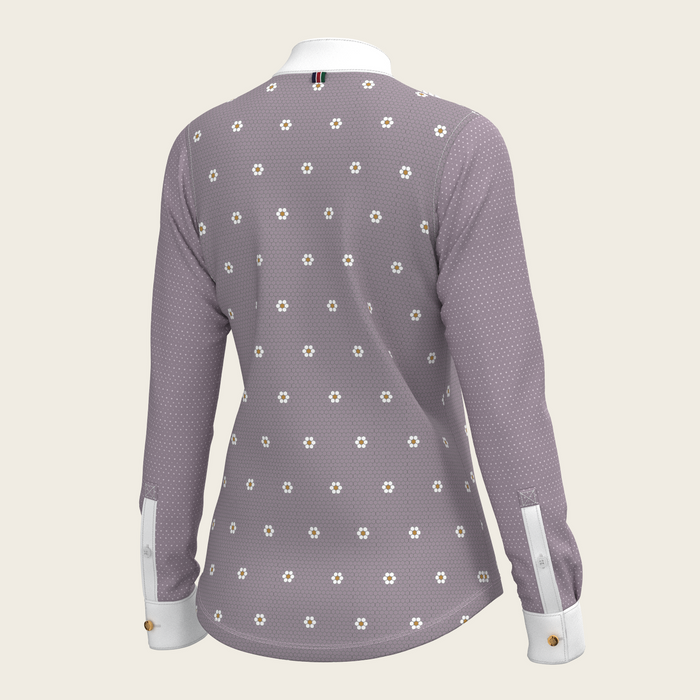Espoir Mosaic Daises in Lavender Short Pleated Long Sleeve Show Shirt