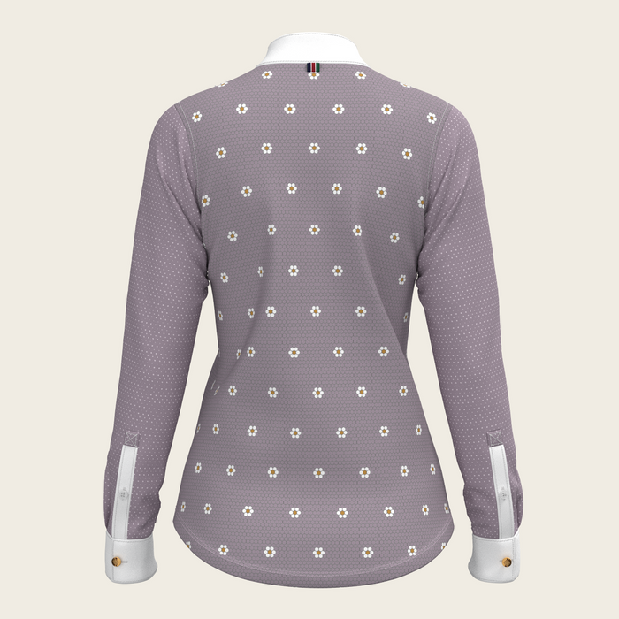 Espoir Mosaic Daises in Lavender Short Pleated Long Sleeve Show Shirt