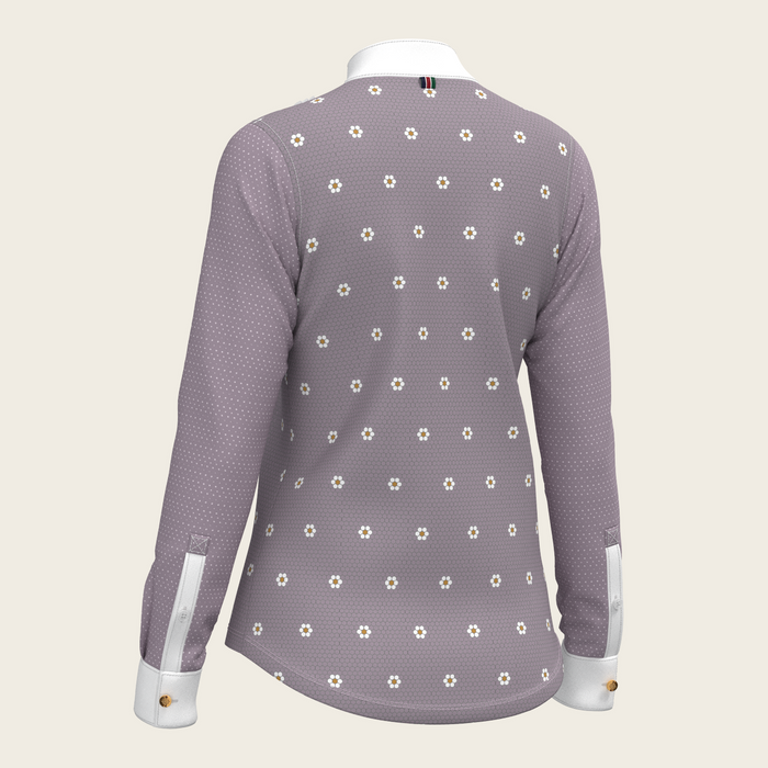 Espoir Mosaic Daises in Lavender Short Pleated Long Sleeve Show Shirt