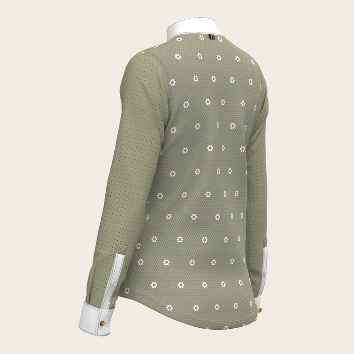 Espoir Mosaic Daises in Olive Short Pleated Long Sleeve Show Shirt