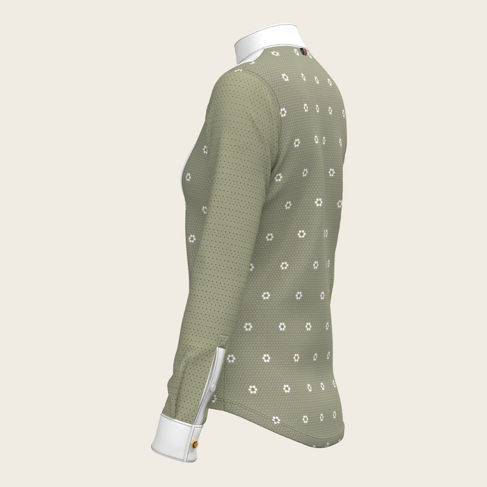 Espoir Mosaic Daises in Olive Short Pleated Long Sleeve Show Shirt