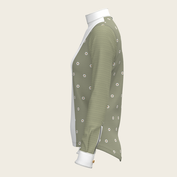 Espoir Mosaic Daises in Olive Short Pleated Long Sleeve Show Shirt