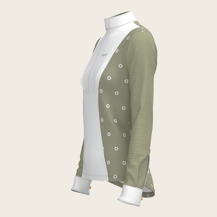 Espoir Mosaic Daises in Olive Short Pleated Long Sleeve Show Shirt