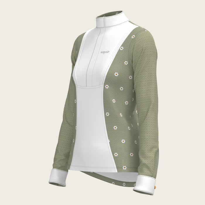 Espoir Mosaic Daises in Olive Short Pleated Long Sleeve Show Shirt
