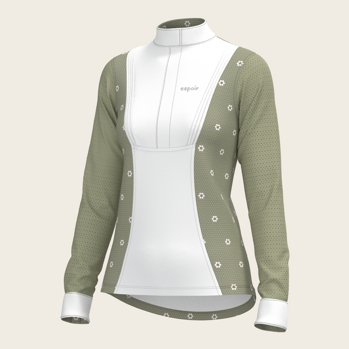 Espoir Mosaic Daises in Olive Short Pleated Long Sleeve Show Shirt
