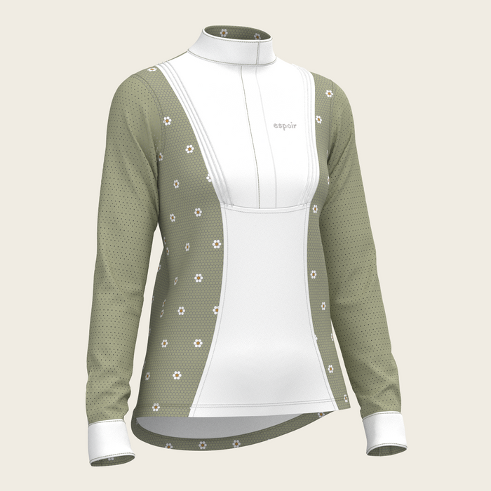 Espoir Mosaic Daises in Olive Short Pleated Long Sleeve Show Shirt