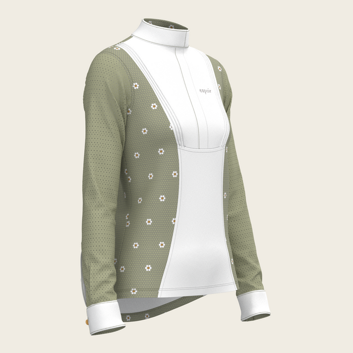 Espoir Mosaic Daises in Olive Short Pleated Long Sleeve Show Shirt