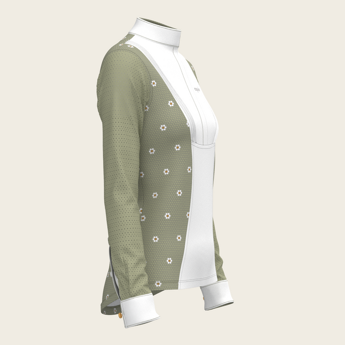Espoir Mosaic Daises in Olive Short Pleated Long Sleeve Show Shirt