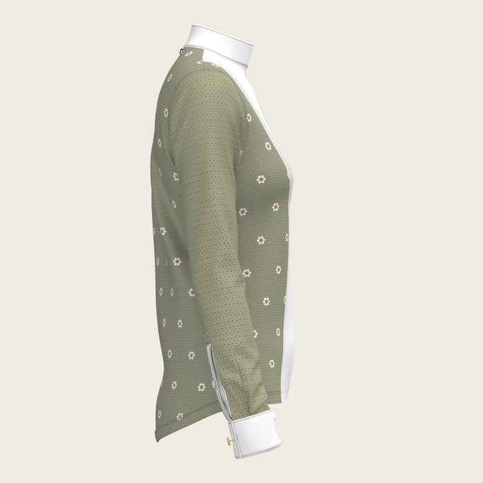 Espoir Mosaic Daises in Olive Short Pleated Long Sleeve Show Shirt