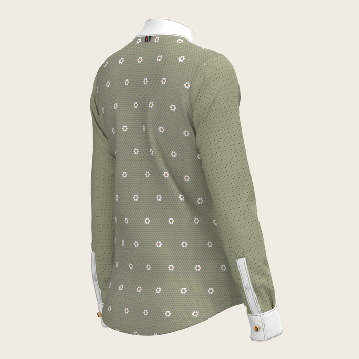 Espoir Mosaic Daises in Olive Short Pleated Long Sleeve Show Shirt