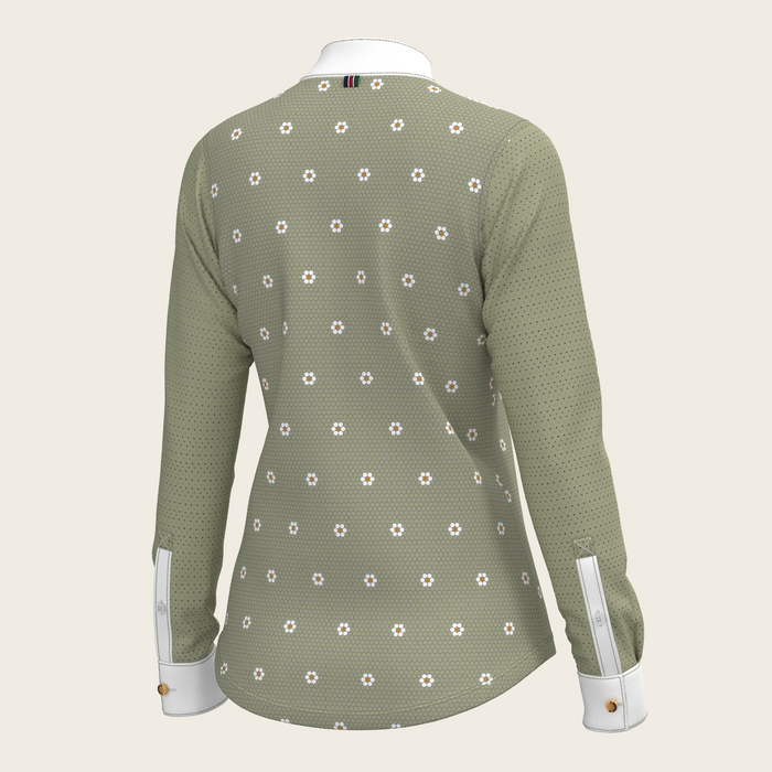 Espoir Mosaic Daises in Olive Short Pleated Long Sleeve Show Shirt