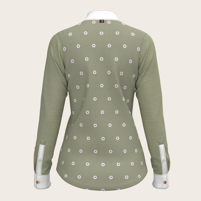 Espoir Mosaic Daises in Olive Short Pleated Long Sleeve Show Shirt