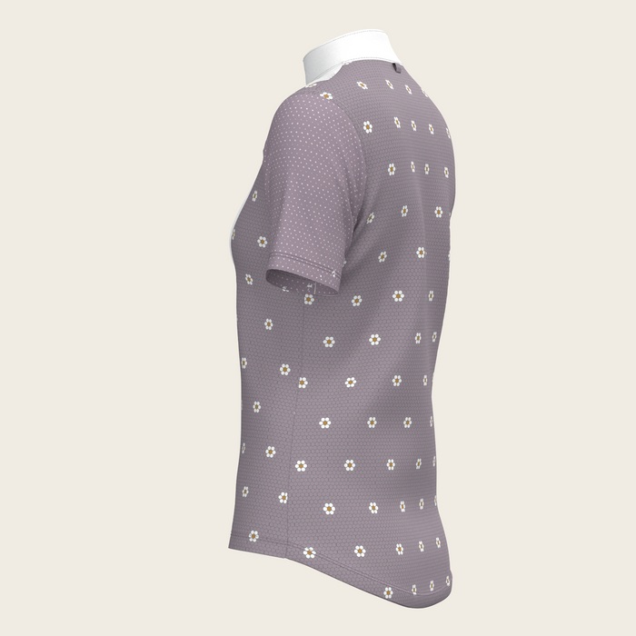 Espoir Mosaic Daises in Lavender Short Pleated Short Sleeve Show Shirt