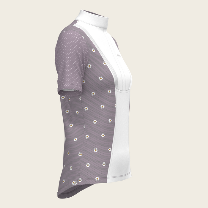 Espoir Mosaic Daises in Lavender Short Pleated Short Sleeve Show Shirt