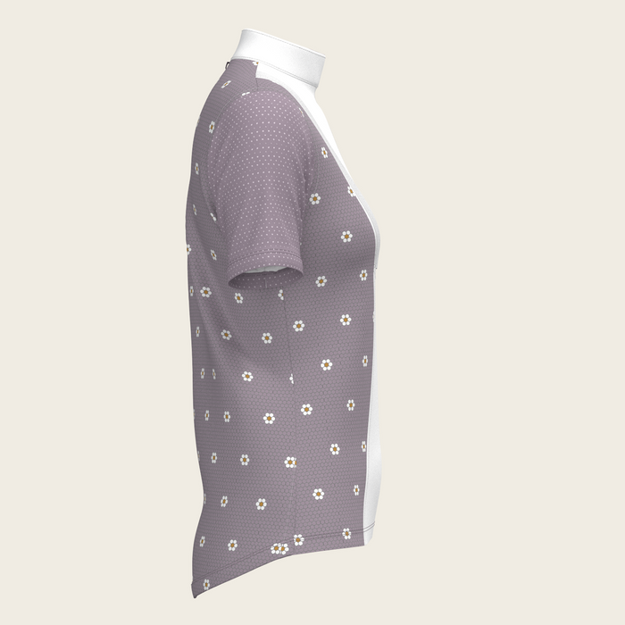 Espoir Mosaic Daises in Lavender Short Pleated Short Sleeve Show Shirt