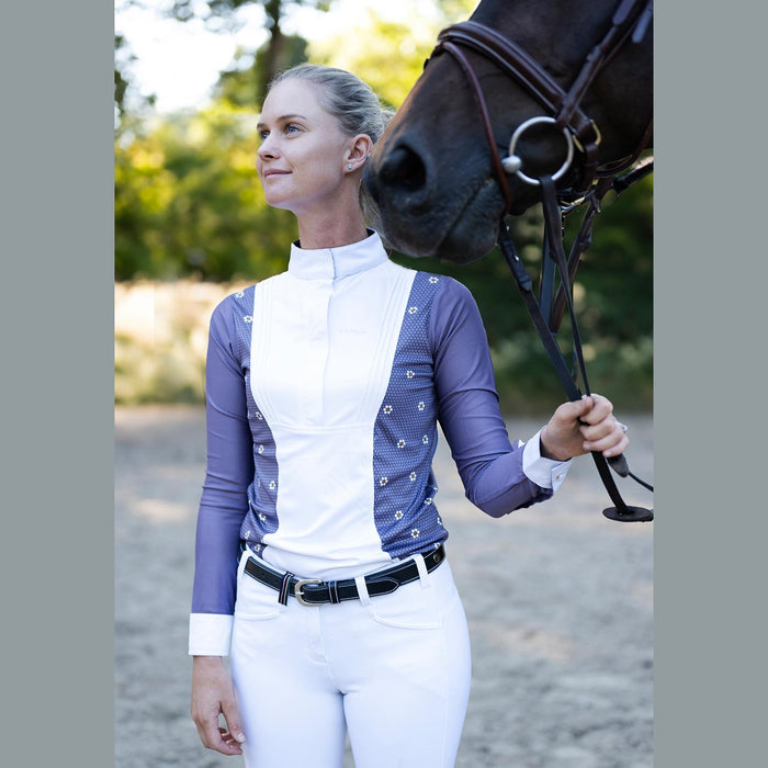 Espoir Mosaic Daises in Lavender Short Pleated Long Sleeve Show Shirt