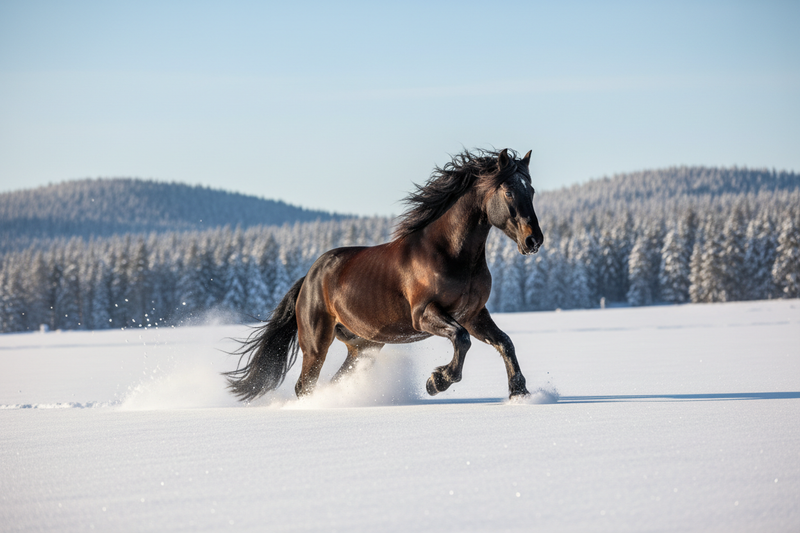 high quality image of a horse running in the snow