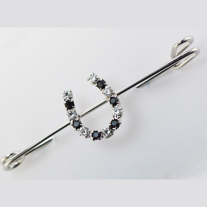 Black/Crystal Rhinestone Horseshoe Stock Pin Silver Medium