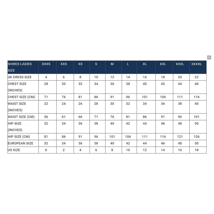 Shires Ladies Size Chart